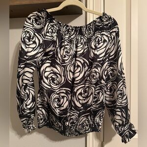 White House Black Market Black and White Rose Blouse